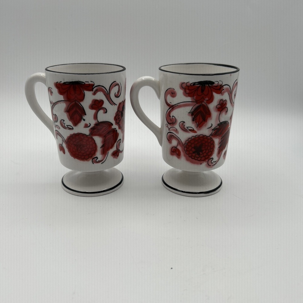 Vtg‎ Holt Howard Coffee Mugs Red White Floral MCM Set of 2 Footed  1965